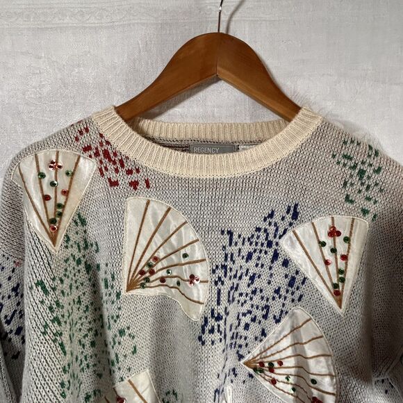 Vintage 1980’s Sweater Medium Off White Sparkle Fans Regency Collection Sequin - Picture 11 of 16